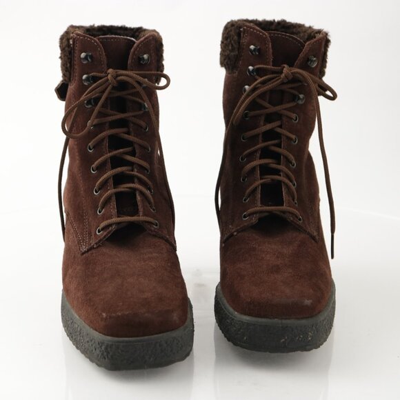 VTG Kamouraska Boot Size 6 Brown Suede Block Heel Lace Up Fur Collar Bootie - Picture 2 of 13